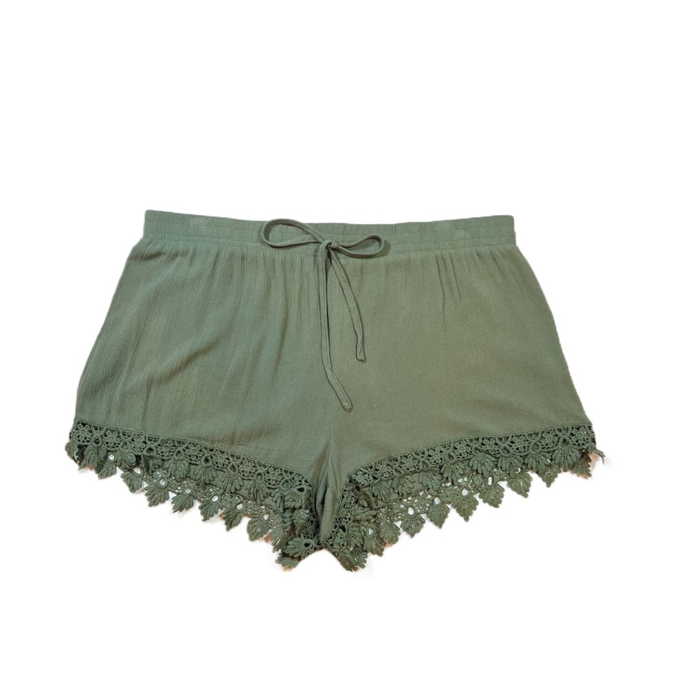 Breeze Over Crochet Fringe Short Shorts Rayon Olive Green Elastic Waist Size XL